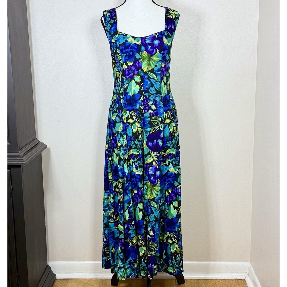 Vintage 90s All That Jazz Womens Maxi Dress 11 Blue Moody Floral Crisscross Back